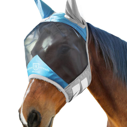Harrison Howard Pro Luminous Horse Fly Mask Standard with Ears UV Protection for Horse Azure Blue/Silver XL Extra Full Size