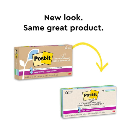 Post-it 100% Recycled Paper Super Sticky Pop-up Notes, 2X The Sticking Power, 3x3 in, 6 Pads, 70 Sheets/Pad, Oasis Collection (R330R-6SST)