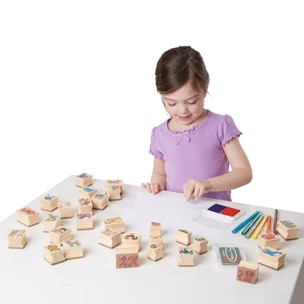 Melissa & Doug Juego de sellos de madera de lujo: animales - 30 sellos, 6 marcadores, 2 almohadillas de tinta