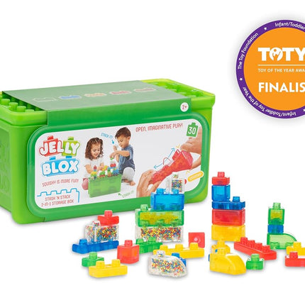 Jelly Blox Stash 'N Stack 2-in-1 Storage Case with 30 Blocks | Toddler & Preschool Building Blocks Kids Can Squeeze & Stretch | MESH ACCREDITED | Safety Tested & Ouch-Free | Sensory Play Toy Ages 2+