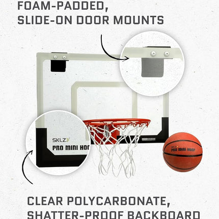SKLZ 18" Mini Basketball Hoop with Shatterproof Backboard, Breakaway Rim, Heavy Duty Net, 5" Ball - Over-Door Mounts for Office, Dorm, Bedroom