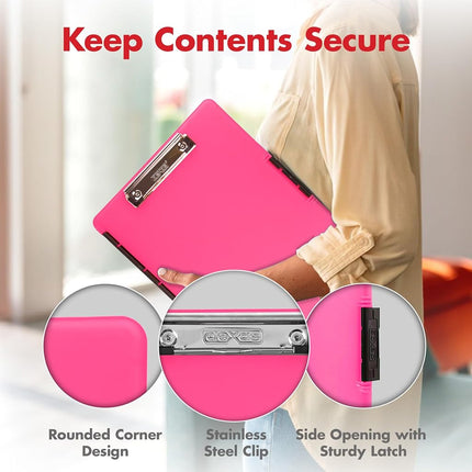 Dexas Slimcase 2 Plastic Clipboard with Storage and Side Opening, Neon Pink, Office Supplies Clipboards to Organize, Carry and Store, A4 Holder, Style and Functionality Nursing Clipboards