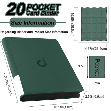 Premium 2000 Pocket Card Binder - 20 Pocket Trading Card Binder with Sleeves Fits 2000 Cards, Ringless Card Album for TCG - Model A，Blackish Green