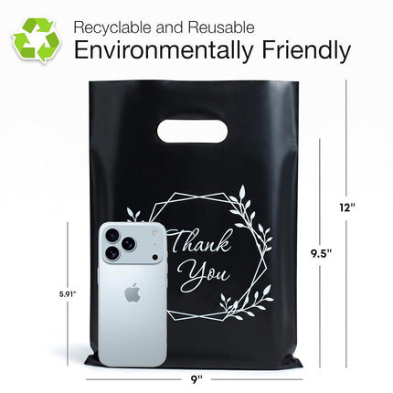 100 Thank You Bags for Business Small Black Color 1.5Mil Merchandise Bags 23cm x 30cm (9”x12”) Extra Thick Glossy Black Retail Bags and Thank You Bags with Handles