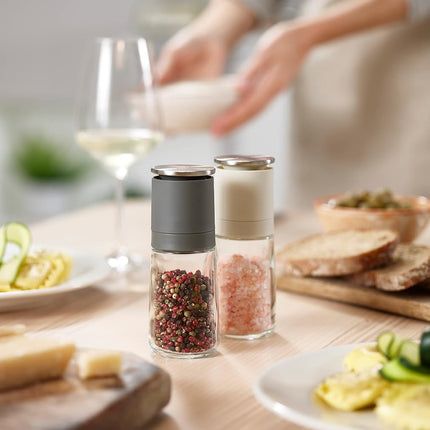 Joseph Joseph Duo No-Spill Manual Salt & Pepper Grinder Set, Inverted Mills with Ceramic Grinding Mechanism, Black/Grey