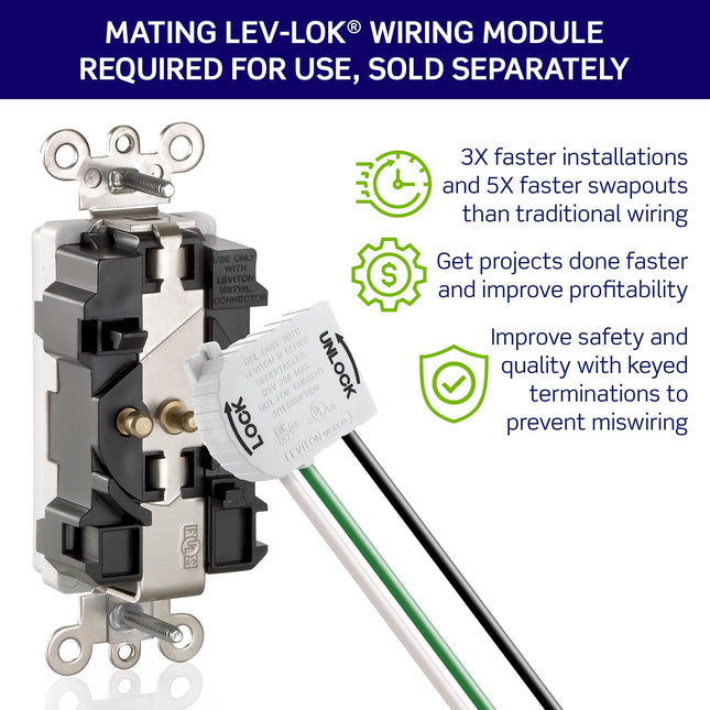 Leviton M5362-SI Dispositivo de cableado modular Lev-Lok, receptáculo doble de cuerpo estrecho, 20 amperios, 125 voltios, hoja recta, grado comercial con especificaciones federales, autoaterrizable, marfil
