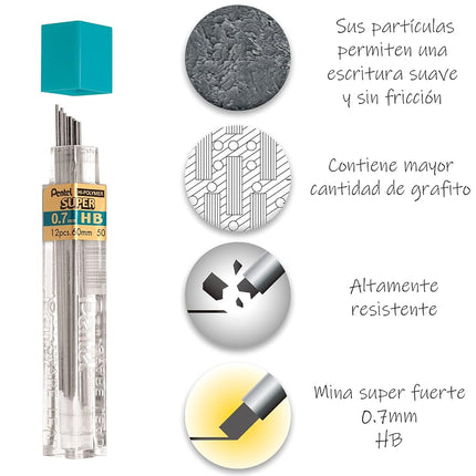 Pentel Super Hi-Polymer Lead Refill 0.7mm, HB, 36 Pieces of Lead (L50BP3HB-K6)