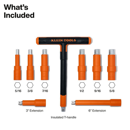 Klein Tools 47120INS Insulated T-Handle and Hex Bit Set, 1000V Rated, ASTM F1505 Certified, Includes 3 and 6-Inch Extension Bars, Class 2 Glove Compatible, Premium Carrying Case