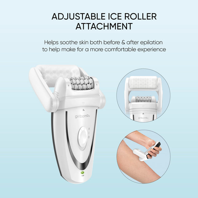 Épilateur GIRLBOMB Conair avec rouleau de glace pour une peau lisse et douce, appareil d'épilation, épilateur pour femmes, rasoir et tondeuse pour femmes, kit 3 pièces avec accessoire rouleau de glace, sans fil/rechargeable
