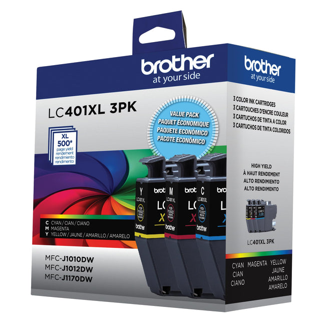 Brother Genuino LC401XL Paquete de 3 cartuchos de tinta a color de alto rendimiento, incluye 1 cartucho de tinta cian, 1 magenta y 1 amarillo.