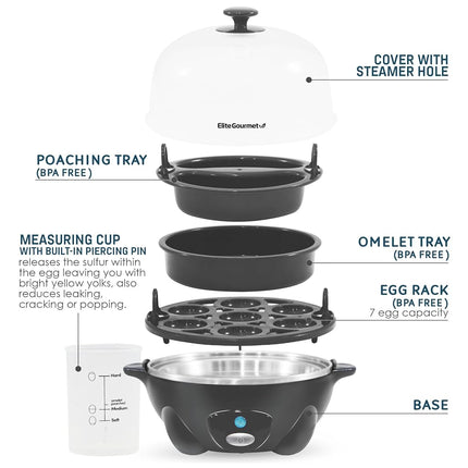 Elite Gourmet EGC710DKG Rapid Egg Cooker, 7 Easy-To-Peel, Hard, Medium, Soft Boiled Eggs, Poacher, Omelet Maker, Auto Shut-Off, Alarm, 16-Recipe Booklet, BPA-Free, Ash