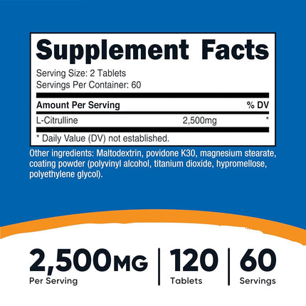 Nutricost L-Citrulline 2500mg Per Serving, 60 Servings, 1250mg Per Tablet, 120 Tabs - Non-GMO and Gluten Free Supplement