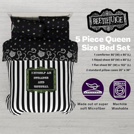 Franco Comforter and Sheet Set, Microfiber, Black & White-Beetlejuice, 5 Piece Queen Size