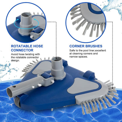 POOLAZA Pool Vacuum Head, Weighted, 1-1/4'', 1-1/2'' Swivel Hose Connection, Bottom & Side Brushes, Thorough Cleaning, Smooth Maneuverability, Navy Blue, Plastic, Inground & Above Ground Pools