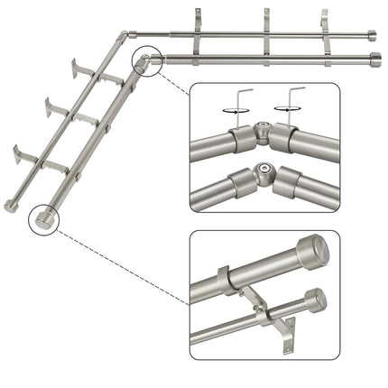 Tringle à rideaux double Mayrhyme en nickel brossé pour baie vitrée d'angle, avec embouts et supports en aluminium, tringles à rideaux doubles pour baie vitrée de 2,5 cm de diamètre, tringle à rideaux double réglable sur 2 côtés de 81 à 218 cm