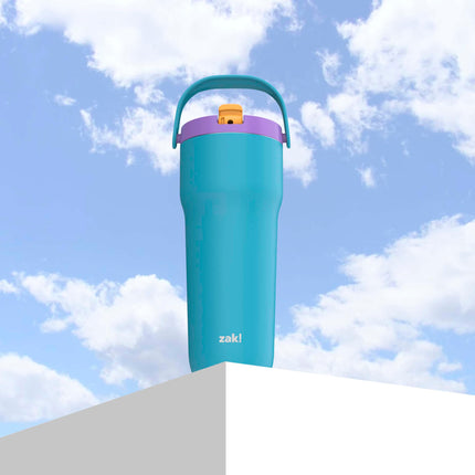 Vaso de viaje Zak Designs Sutton para llevar, acero inoxidable de 30 oz con aislamiento al vacío, boquilla de pajita, asa de transporte para bebidas frías (turquesa)