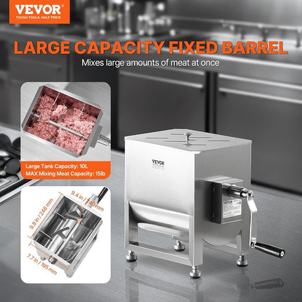 VEVOR Manual Meat Mixer, 10L Fixed Tank – Heavy Duty Stainless Steel Hand Mixer for Ground Beef & Sausage, Max 15lb Mixing Meat Capacity, with Gear Box and Lid Handle