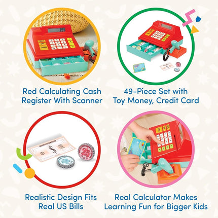 Battat Toy Cash Register with Scanner, 49 Pieces, Red Calculator, Playset