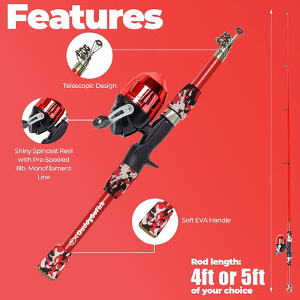 DaddyGoFish Kids Fishing Pole – Telescopic Rod & Reel Combo with Collapsible Chair, Rod Holder, Tackle Box, Bait Net and Carry Bag for Boys and Girls (Red, 4)