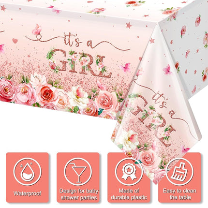 3 Pack Floral Baby Shower Tablecloth Decorations, It's a Girl Baby Shower Decorations, Pink Flower Gender Reveal Decorations for Girl, Plastic Disposable Baby Girls Table Cloth Party Decorations