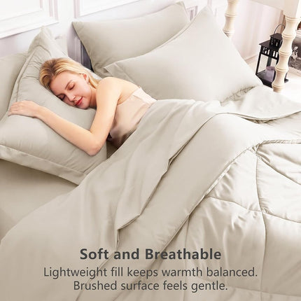 CozyLux Queen Comforter Set with Sheets Beige - 7 Pieces Bed in a Bag
