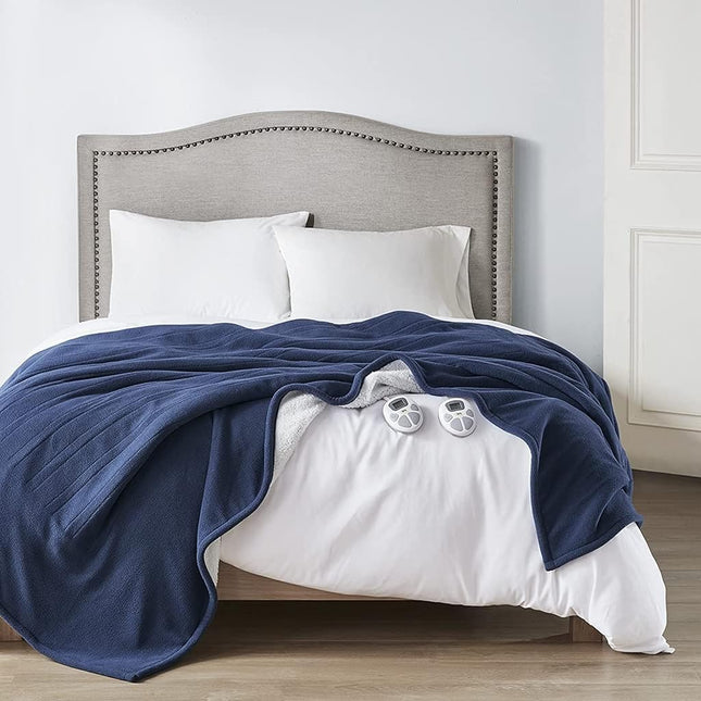 Serta Heated Blanket - Reversible Fleece to Sherpa Electric Blanket, Fast Heating, Auto Shut Off Timer, Multi Heat Setting, ETL Certified, Machine Washable, Blue Twin 84"x 62"