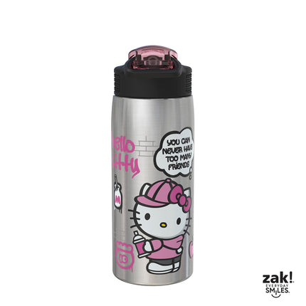 Zak Designs Sanrio Botella de agua para viajes y el hogar, 560 ml, acero inoxidable con aislamiento al vacío con tapa de boquilla de bloqueo, asa de transporte integrada, diseño a prueba de fugas (Hello Kitty)