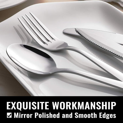 Hiware 24-Piece Silverware Set with Steak Knives, Stainless Steel Cutlery Set, Mirror Polished Utensils for 4, Includes Forks Spoons Knives Silverware, Dishwasher Safe