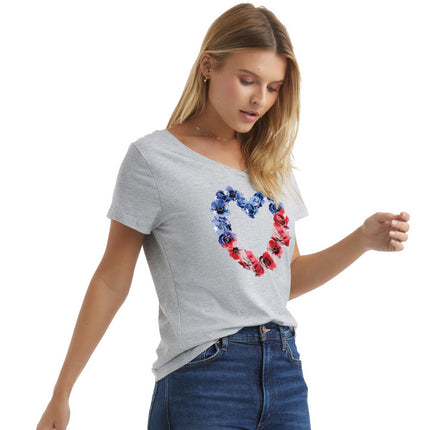 Hanes Women's Short Sleeve Graphic V-Neck Tee, Stars/Stripes Floral Heart/Light Steel, Medium