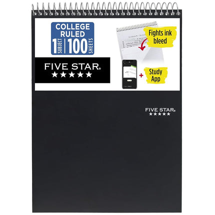 Cuaderno Five Star con encuadernación superior + aplicación de estudio, 1 materia, rayado universitario, 21.6 x 27.9 cm, negro (820058A-ECM)