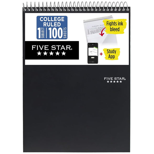 Five Star Top Bound Note Pad + Study App, 1 Subject, College Ruled, 8-1/2" x 11", Black (820058A-ECM)