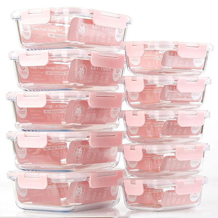 [10-Pack] Glass Meal Prep Containers - Food Storage Containers with Airtight Lids for Kitchen, Home Use - Glass Lunch Containers Pink