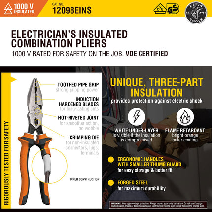 Klein 12098EINS Electrician's Insulated Combination Pliers, Multi-Colour