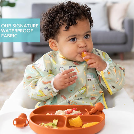 Bumkins Sleeved Bib, Handy Tie Closure for Custom Fit, Catch-All Pocket, Baby-Led Weaning, Waterproof, Machine Washable, Stain & Odour Resistant, BPA Free, 6-24 Months, Outdoor Design
