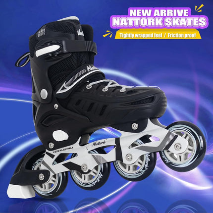 Black Inline Skates for Youth Boys Men, 4 Sizes Adjustable Blades Roller Skates with Ankle Support, Adjustable Strap, 90mm Wheels and Soft Boot Fit for Skating, Roller Derby, Street Hockey