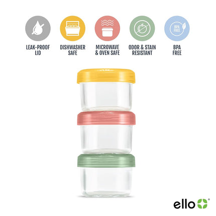 Ello Color Lock Reusable Glass Spice Containers with Screwable Leakproof Lid, Perfect for Salad Dressing, Sauces, Dips, Lunch Box, Picnic, BPA-Free, Desert Proof, Pack of 3