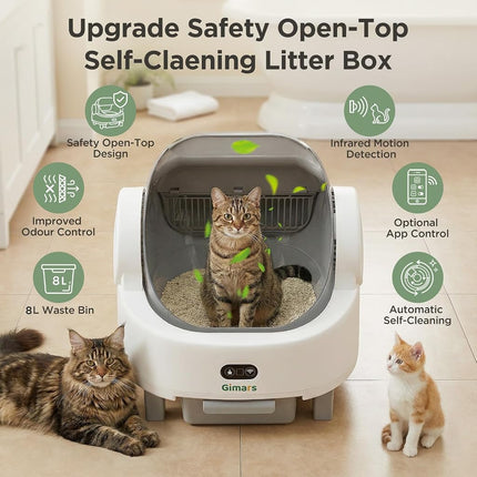 Gimars Open Top Design Self Cleaning Litter Box, Automatic Cat Litter Box for Multiple Cats & Senior Cats, App Control with Safety Sensors, Low Odor, Includes Trash Bags & Litter Mat, White with Gray