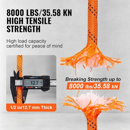 VEVOR Double Braided Polyester Rope, 1/2 Inch x 120 Feet 48 Strands 3600 kg Breaking Strength Outdoor Climbing Rope Tree Care Rope for Rock Hiking, Camping, Swing, Rappelling, Rescue