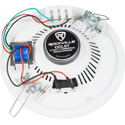 Rockville Commercial Audio Bundle: (4) CCL5T White 5" 70V Ceiling Speakers, Multi-Tap, Flush Mount with RCS80-1 60-Watt 70V Amplifier/Bluetooth Receiver for Restaurant or Office, 5-Items