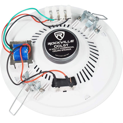 Rockville Commercial Audio Bundle: (4) CCL5T White 5" 70V Ceiling Speakers, Multi-Tap, Flush Mount with RCS80-1 60-Watt 70V Amplifier/Bluetooth Receiver for Restaurant or Office, 5-Items