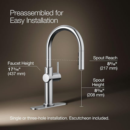Kohler 22972-CP Crue Pull Down Kitchen Faucet, Multi Function Spray Head, Kitchen Sink Faucet, Polished Chrome