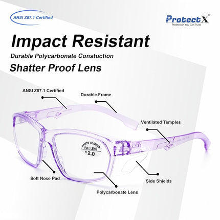 ProtectX Stylish Anti-Fog & Scratch-Resistant Safety Glasses With Readers, UV Protection Goggles, Anti-Impact Lightweight Glasses for Men＆Women Lilac Reading 2.0-2 Pack