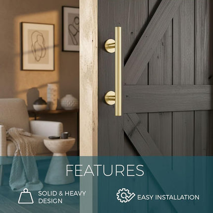 Rio Salto 12-Inch Brushed Brass Gold Barn Door Handle Kit, Closet Door Handle Stainless Steel, Pull Handle and Flush Handle Set, Heavy Duty Large Sliding Door Handles Hardware Included (1-Door Pack)