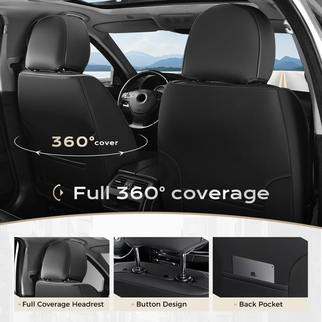 Coverado Leather Front Seat Covers, 2-Pack Universal Waterproof Breathable Leather Woven Leatherette Seat Cushions, Auto Car Seats Protectors, Fit for Most Vehicles-Blackpure