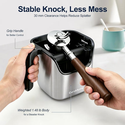 Ourokhome Espresso Knock Box with Lid, Compact Coffee Grounds Container for Home Coffee Bar, Removable Knock Bar, 304 Stainless Steel Exterior, Non-Slip Base & Handle, Easy Clean