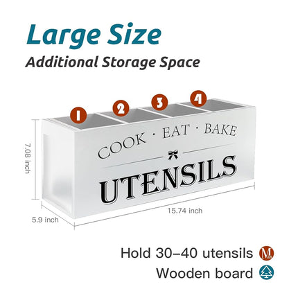 Suli Extra Large Kitchen Utensils Holder with 4 Compartments, Wooden Utensil Organizer for Countertop, Farmhouse Kitchen Decor, Rustic Cooking Utensil - White
