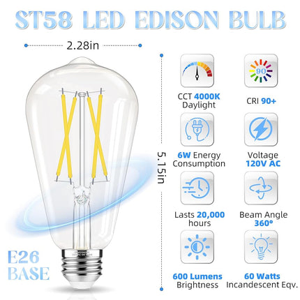 Ampoule GvvooHome E26, Ampoules Edison non-dimmables équivalentes à 60 watts LED, blanc lumière du jour 4000K, ampoules vintage ST58, IRC 90+, 6W 600LM, culot moyen E26, verre transparent, lot de 18