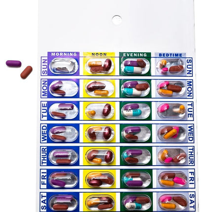 Medi-Aid 4 Times a Day Weekly Cold Seal Medication Blister Pack System Cards - One Piece Unit Dose Book Fold, Easy No Extra Equipment Needed, Just Fill and Seal, (4X a Day Weekly - 6 Pack)