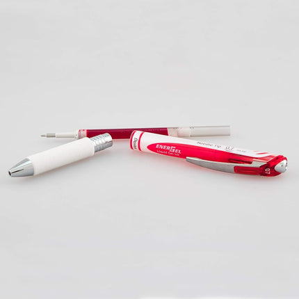Bolígrafo de gel líquido retráctil Pentel EnerGel Pearl, punta de aguja (0.7 mm), trazo mediano, tinta roja, paquete de 2 (BLN77WBP2B)