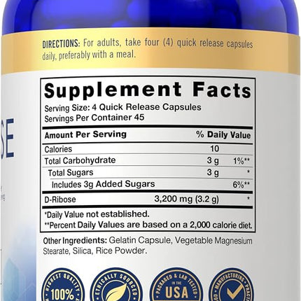 Carlyle D-Ribose Capsules | 3200mg | 180 Count | Vegetarian, Non-GMO, Gluten Free Supplement